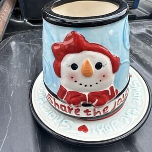 Candle Jar Shade Ceramic Topper Snowmen Christmas Holiday Decor Celebrating Home